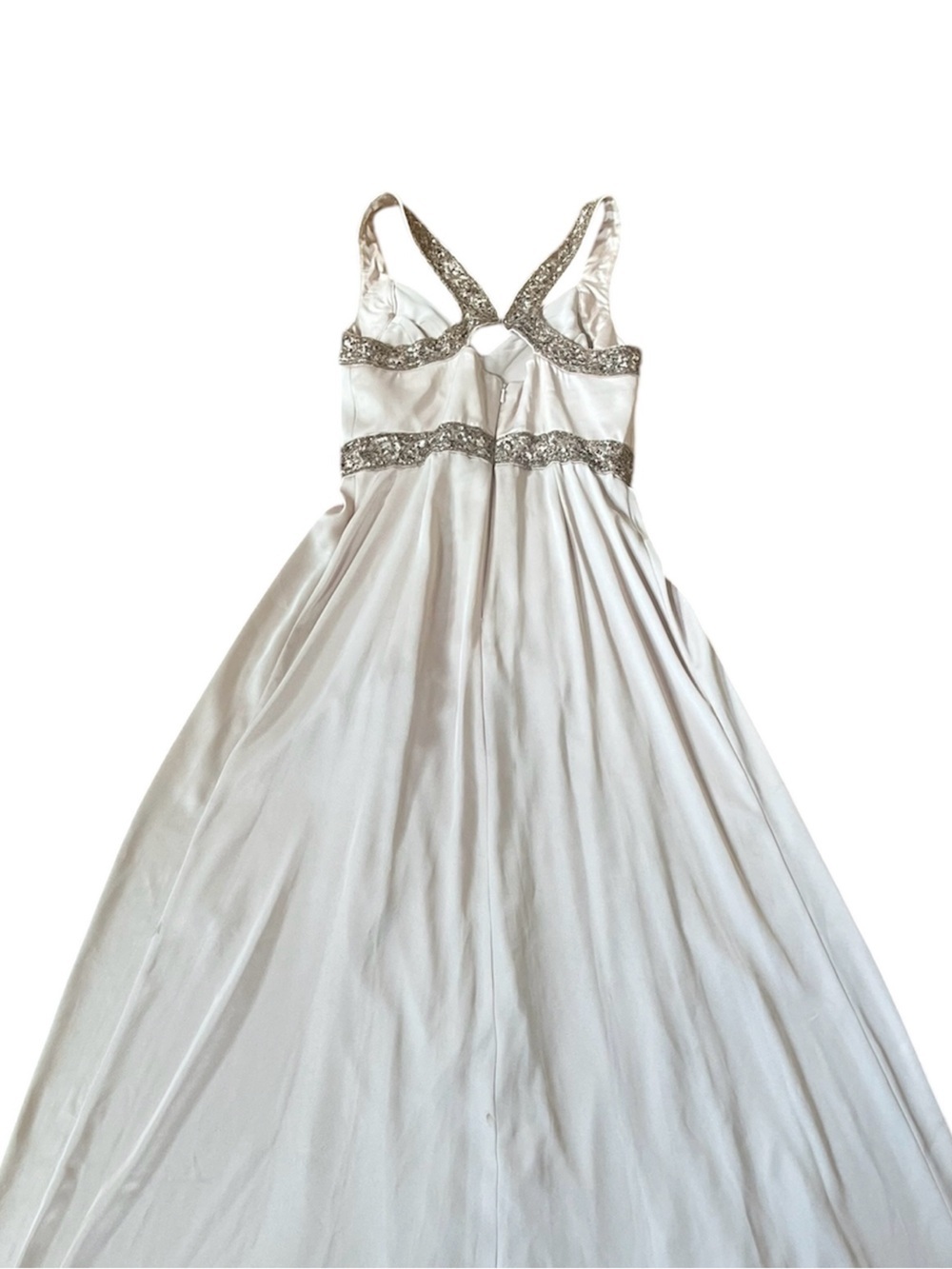 Aidan Mattox Champange Rose Gold Sequin Pleated Satin Long Formal Open Back Gown - Picture 3 of 15